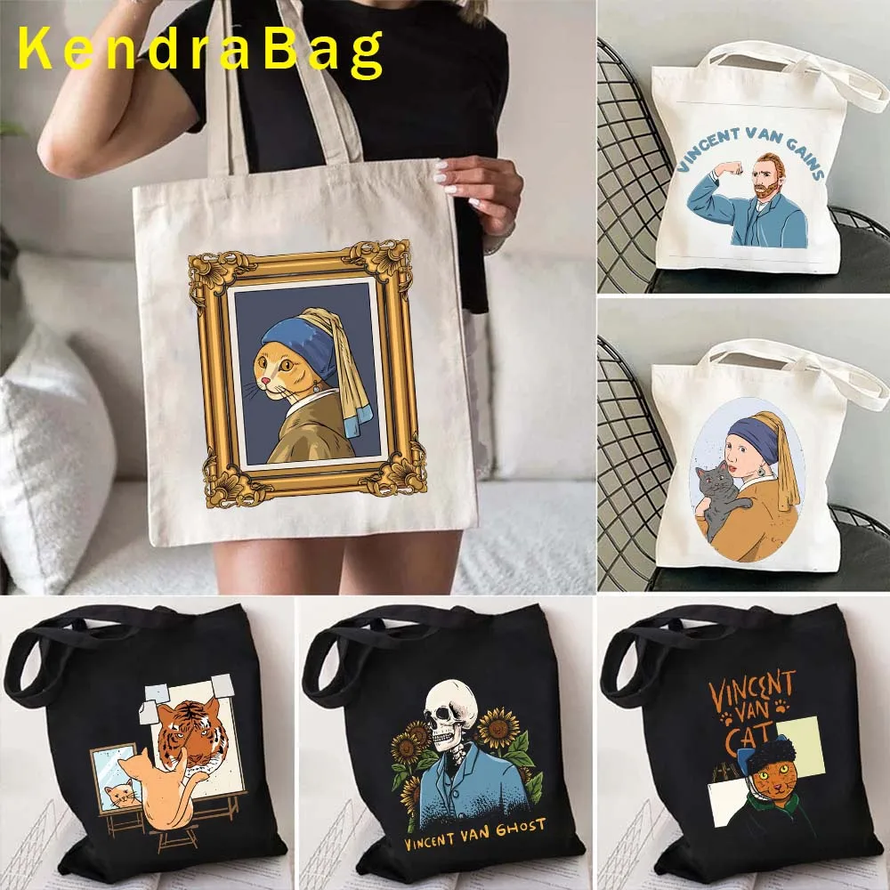 Funny Famous Paintings Make Art History Cat Fine Arts Shopper Harajuku Canvas Totes Bag Girl Van Gogh Sunflower Shopping Handbag