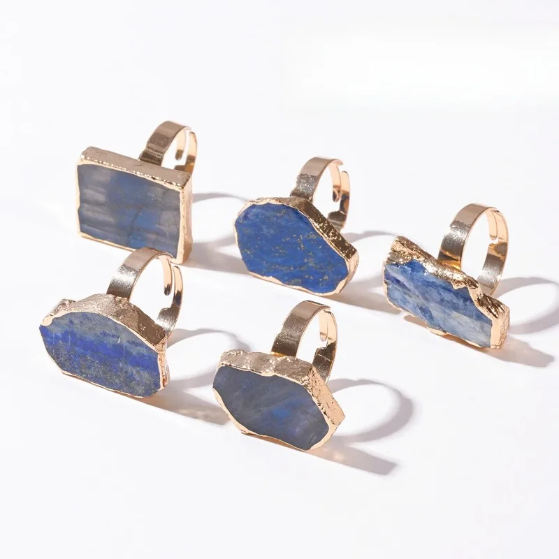 Wholesale 6pcs Natural Kyanite Raw Lapis Lazuli Slice Stone Ring Gold Plated Edge Gemstone Ring