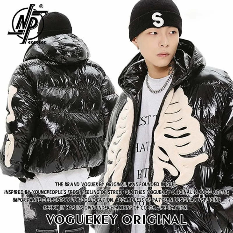 

Men Winter Hooded Parka Bright Jacket Hip Hop Skeleton Flocking Street Harajuku Thicken Warm Padded Coats Loose Windproof Unisex