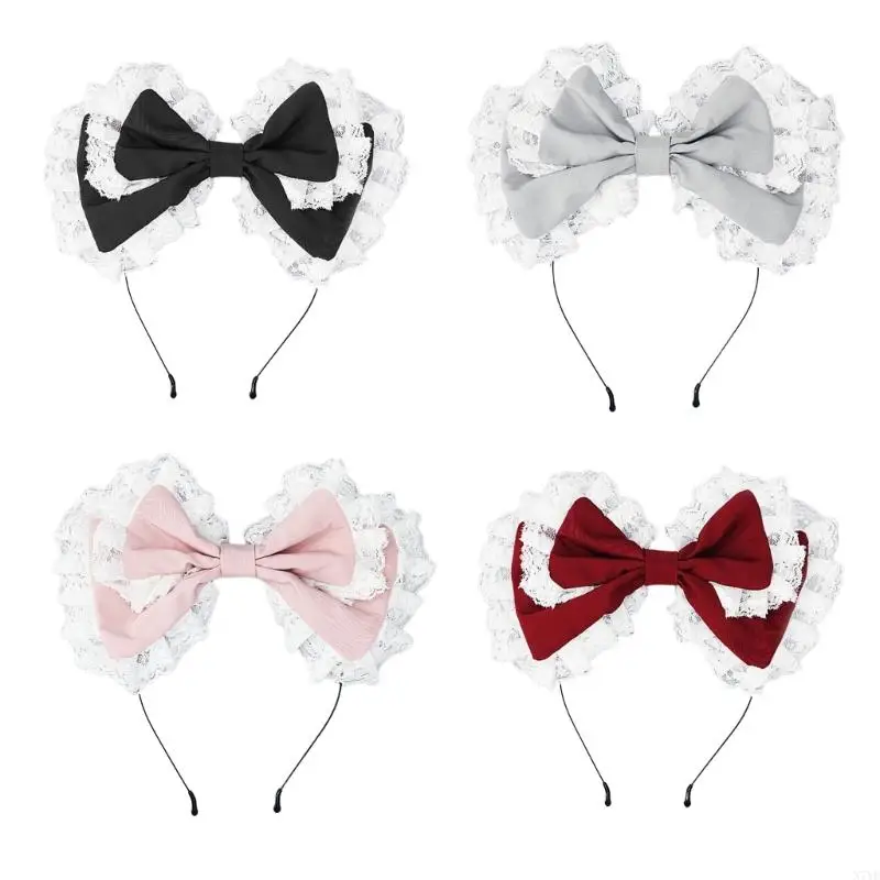 

N7YF Lolitas Cosplays Hair Accessory Big Bow Headband Bowknot Lace Fringes