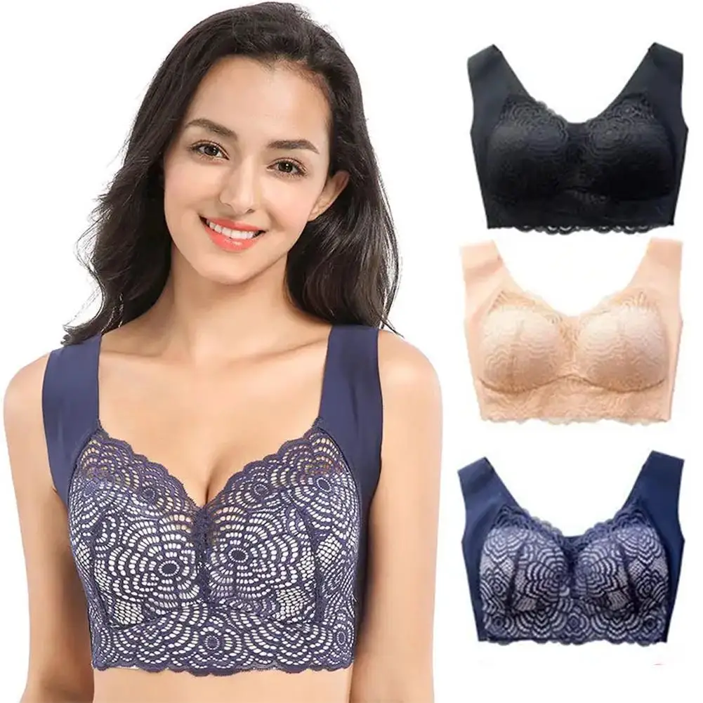 Soutien-gorge en dentelle sans couture pour femme, coussinets sans fil, dos beauté, filet sexy, bretelles larges initiées, grande taille, ensemble confortable