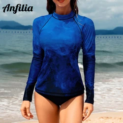 Anfilia Women Long Sleeves Rash Guard Top Crew Neck Gradient Color Block Swim Shirt Top UV Protection UPF 5