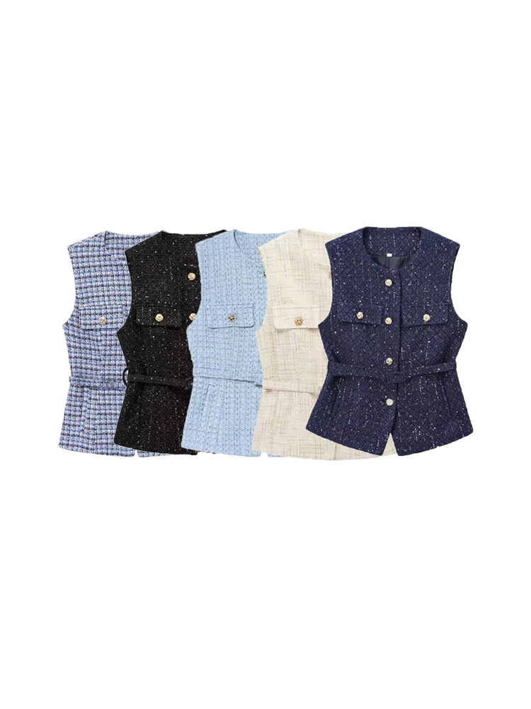 

Smvp Women's Tweed Waistcoat with Belt, O Neck, Sleeveless, Front Button, Female Outerwear, Chic Tops, Fashion