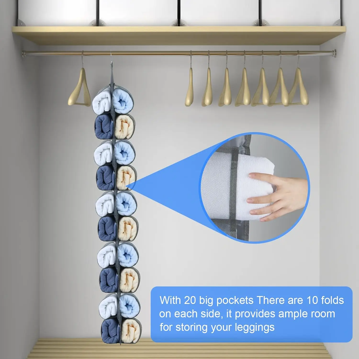 Organisateur de placard suspendu à 20 poches pour leggings, pantalons et jeans - Gris