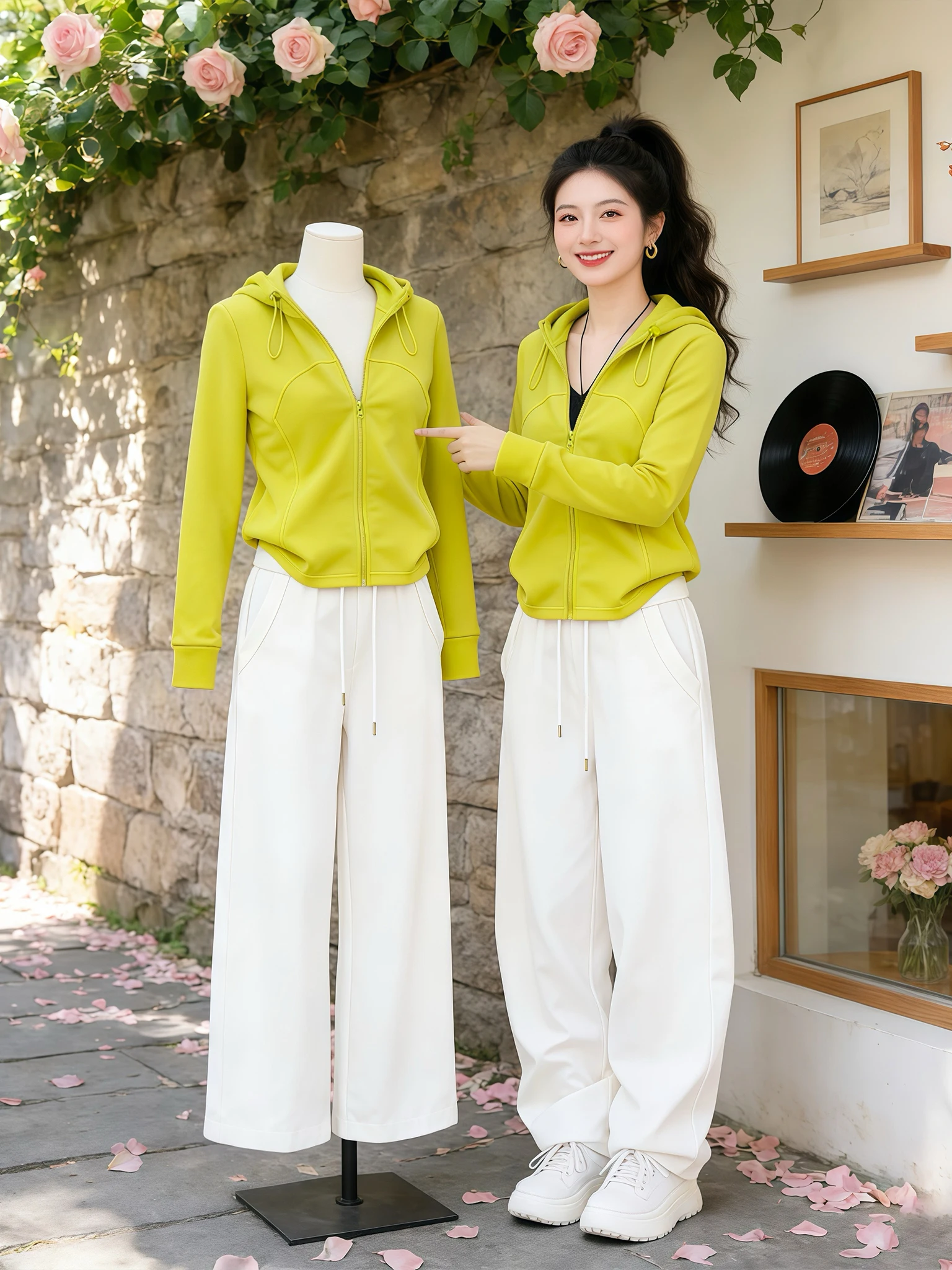 

Unique Chic Ladies' Spring Autumn Hoodie And Wide Leg Pants Set Zipper Decoration Casual Wear Comfortable mid Waist Trousers