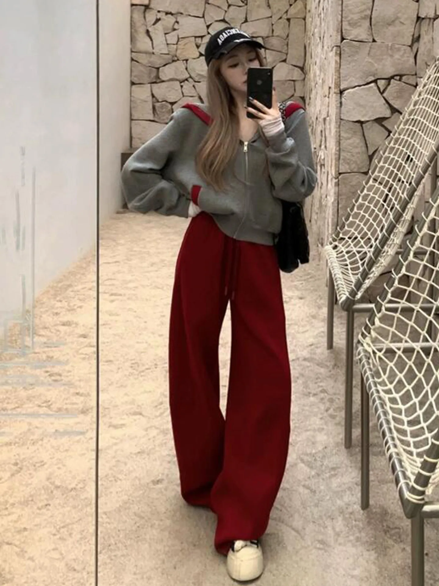 

Hong Kong Style Women's Fashion Spring 2026 Hooded Open Cardigan Coat Red Wide Leg Pants Two-Piece Set Anti-Aging Trendy