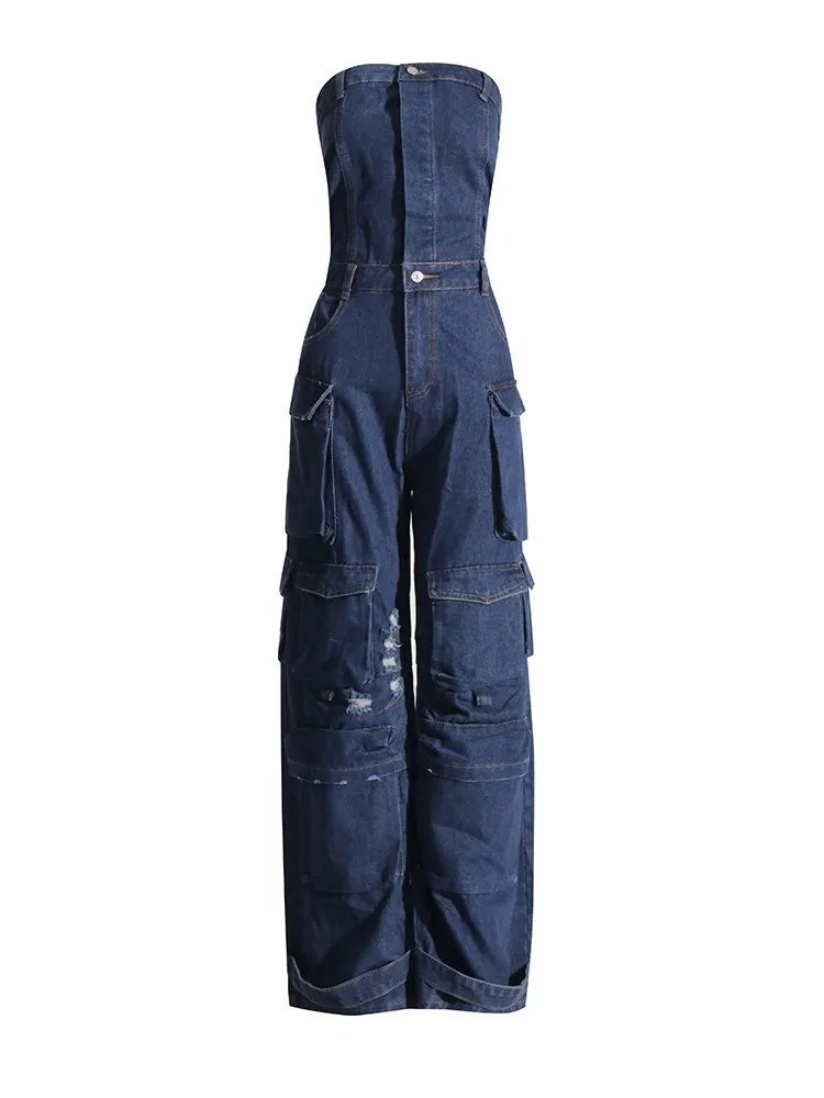 KBQ Spliced Pockets Streetwear Denim Jumpsuits For Women Slash Neck Sleeveless High Waist Casual Slim Jumpsuit Female Fashion