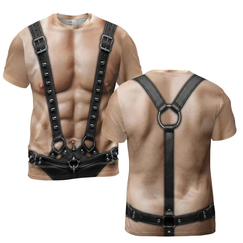 3D-Muskel-Print Herren-Bade-T-Shirt, lustiges Leoparden-Print-Oberteil im Bikini-Stil, Partykostüm für Erwachsene, Strand-Oberteil, Junggesellenabschiedsgeschenk für einen Freund