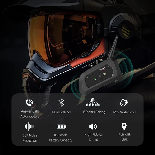 Imagen 2 del producto XINOWY V6 PRO Motocicleta Bluetooth Intercom Auriculares 1200M Interphone Comunicador para 6 Jinetes Impermeable Reproductor de Música
