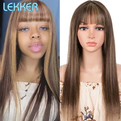 Lekker Highlight Brown Bone Straight Human Hair Wigs With Bangs For Women Brazilian Remy Hair Full Machine Made 28'' Long Wigs