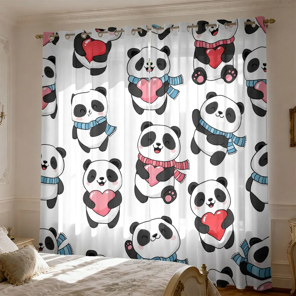 2pcs cartoon heart-shaped panda-printed curtains for blocking light in bedrooms, a fashionable decoration for home use