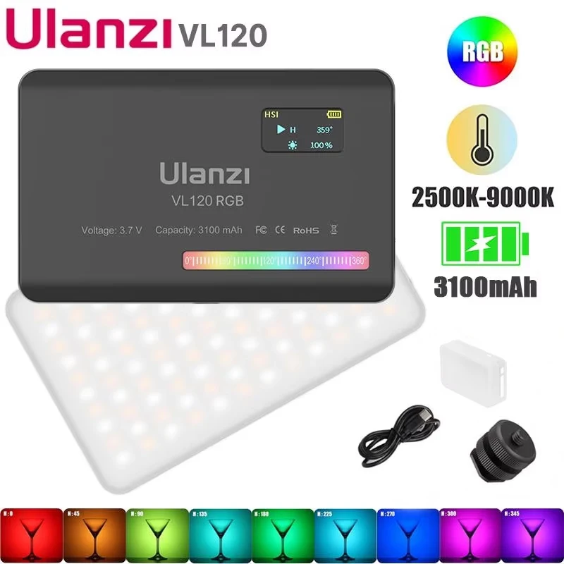 울란지 VL120 RGB LED 조명 카메라 조명 풀 컬러 충전식 3100mAh 조도 조절 기능 2500-9000K 패널 조명 포토 스튜디오 램프