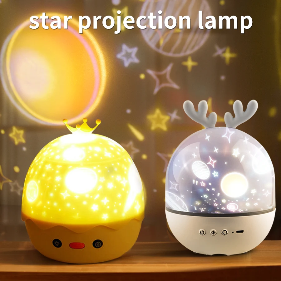 Lámpara de proyector de cielo estrellado giratorio para niños, alce, pato, luz nocturna, regalo de bebé, música recargable, altavoz Bluetooth,