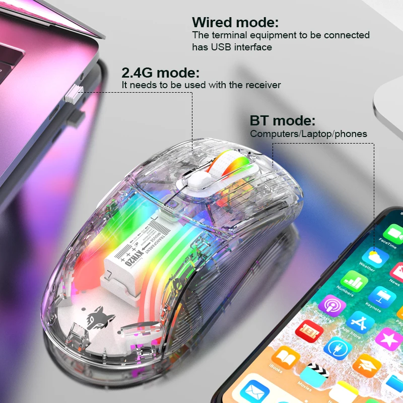 XYH20 BT5.0 2.4G Wireless mouse three-mode Transparent RGB mechanical mouse Gaming esports silent mouse Wired