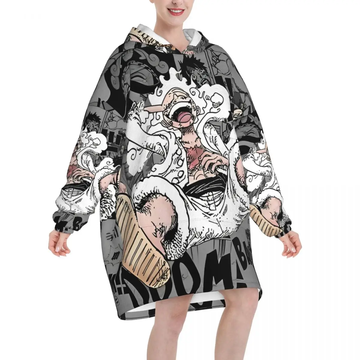 Luffy Gear One Piece Oversized Deken Hoodie Sweatshirt Lange Fleece Capuchon Draagbare Deken met Grote Zak voor Dames Heren