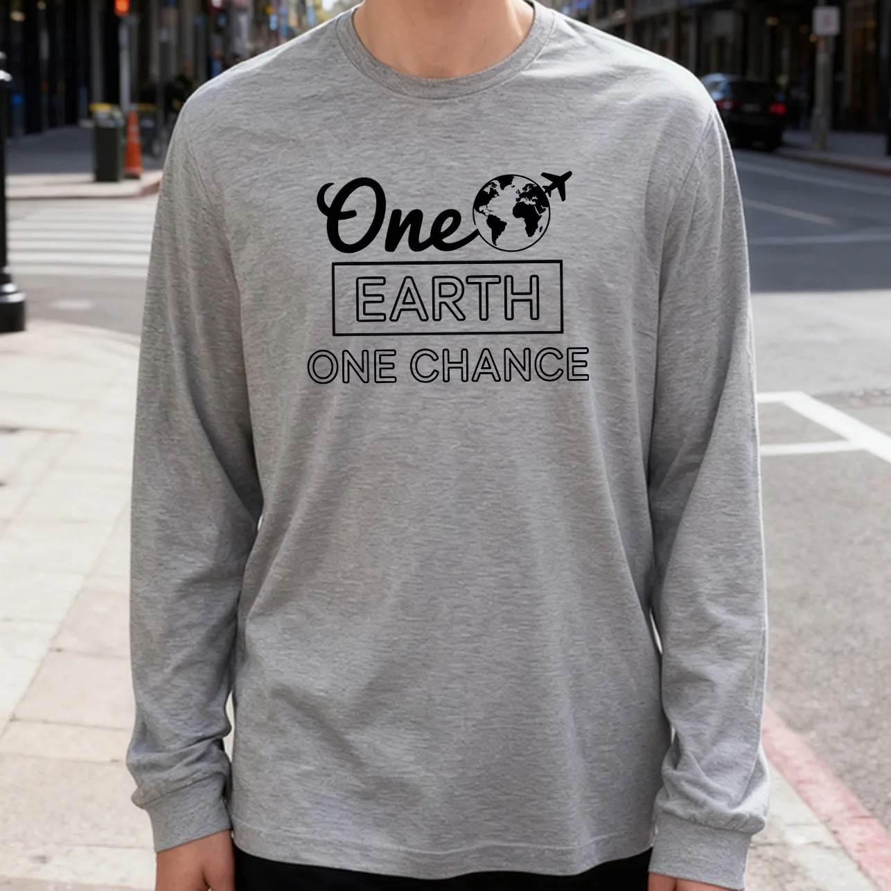 One Earth One Chance Men's Long Sleeve Tee 100% Cotton 180g Crew Neck Casual Daily Style Soft and Breathable