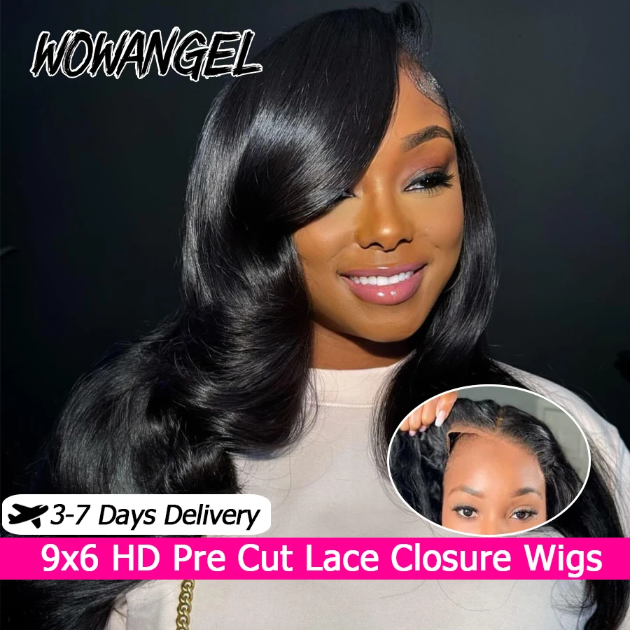 Wow Angel 34 in Body Wave 9x6 Closure HD Lace Wigs 250% Brazilian Natural Scalp Pre Cut Glueless Wigs Human Hair Ready to Wear