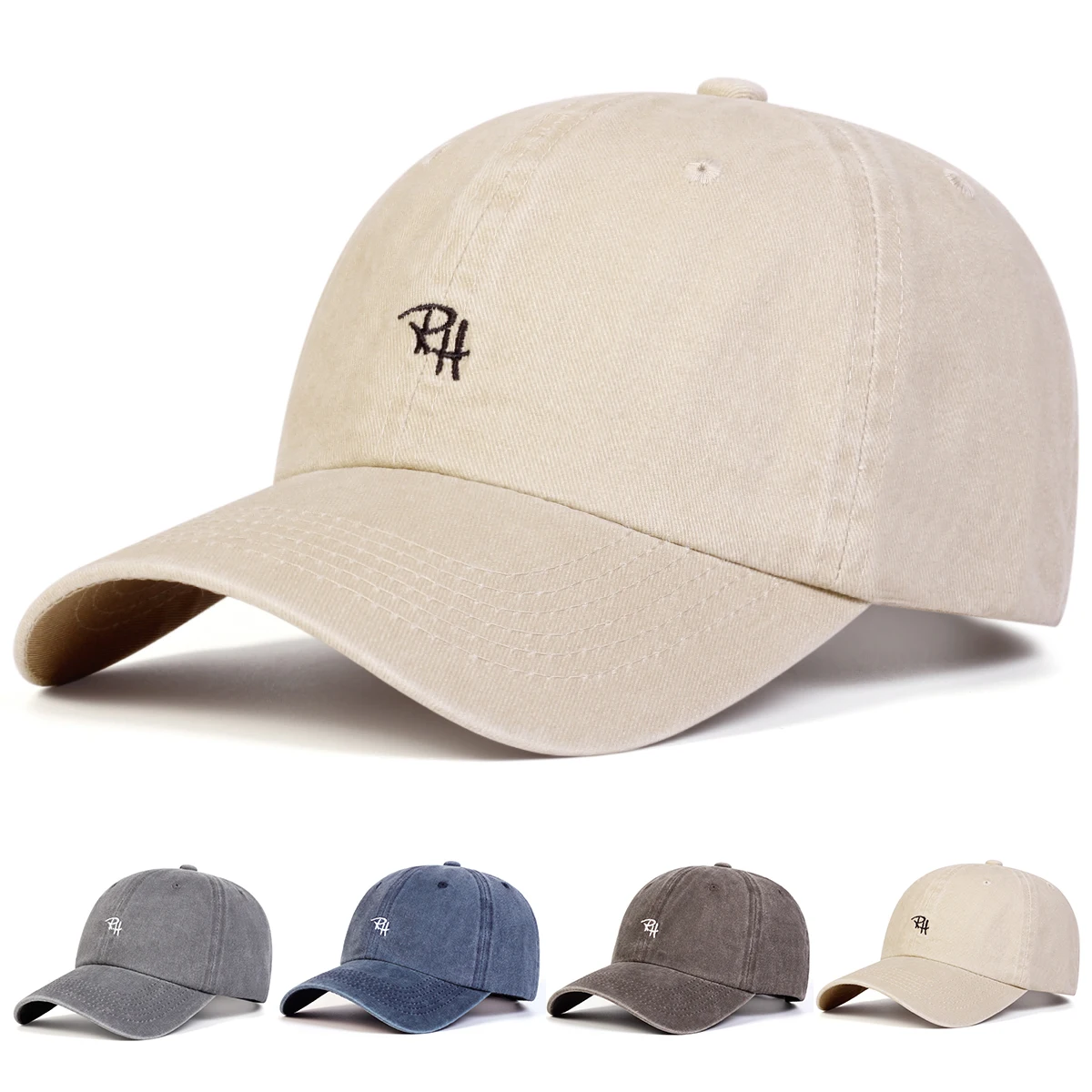 Unisex RH Letter Embroidery Wash Baseball Caps Spring and Autumn Outdoor Adjustable Casual Hats Sunscreen Hat