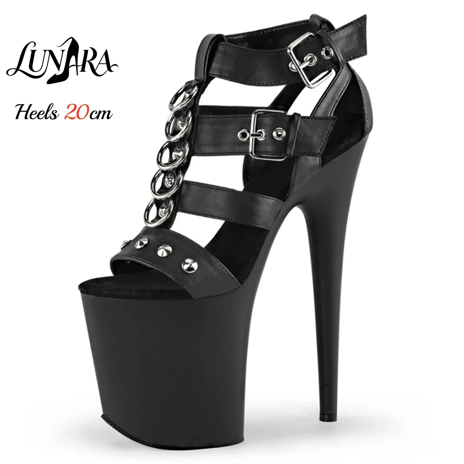 

20cm Black PU Leather Gothic Stripper Platform Shoes Open Toe Punk Rivet Chain Multi-Strap Buckle Sexy Nightclub Stage Sandals