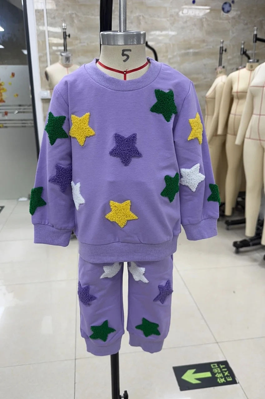 

Toddler Clothes Girl Boy Carnival Outfit Crew Neck Colorful Star Embroidery Sweatshirt Pants Baby Clothing Set