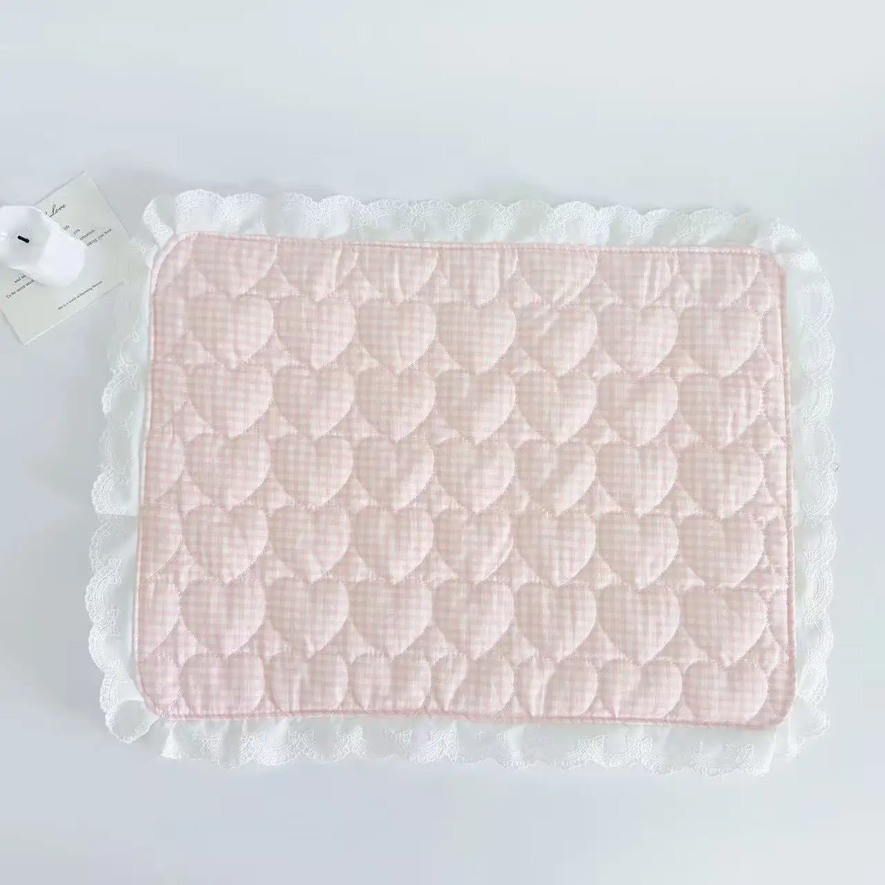 Kawaii Original Spitzenherz Gestepptes Reines Baumwoll-Tischset im koreanischen Stil, süß, hitzebeständig, wasserdicht, Fotorequisite, niedliches Geschenk – Detail 2
