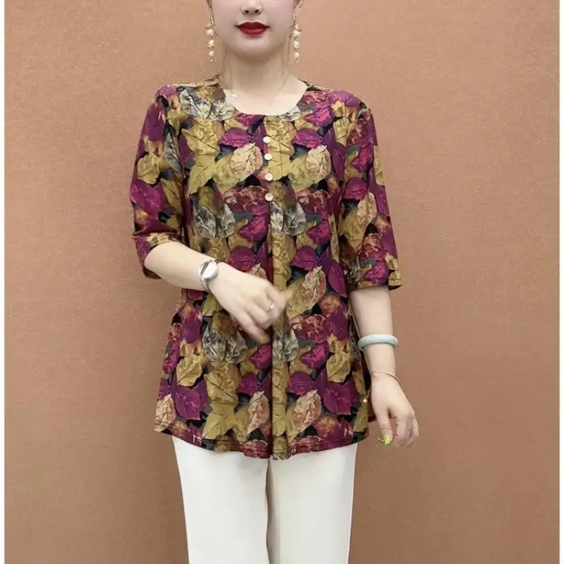 Middle Aged Elderly Women's Clothing Summer Vintage Floral Printed Loose T-shirts Casual O Neck half Sleeve Pullover Tops