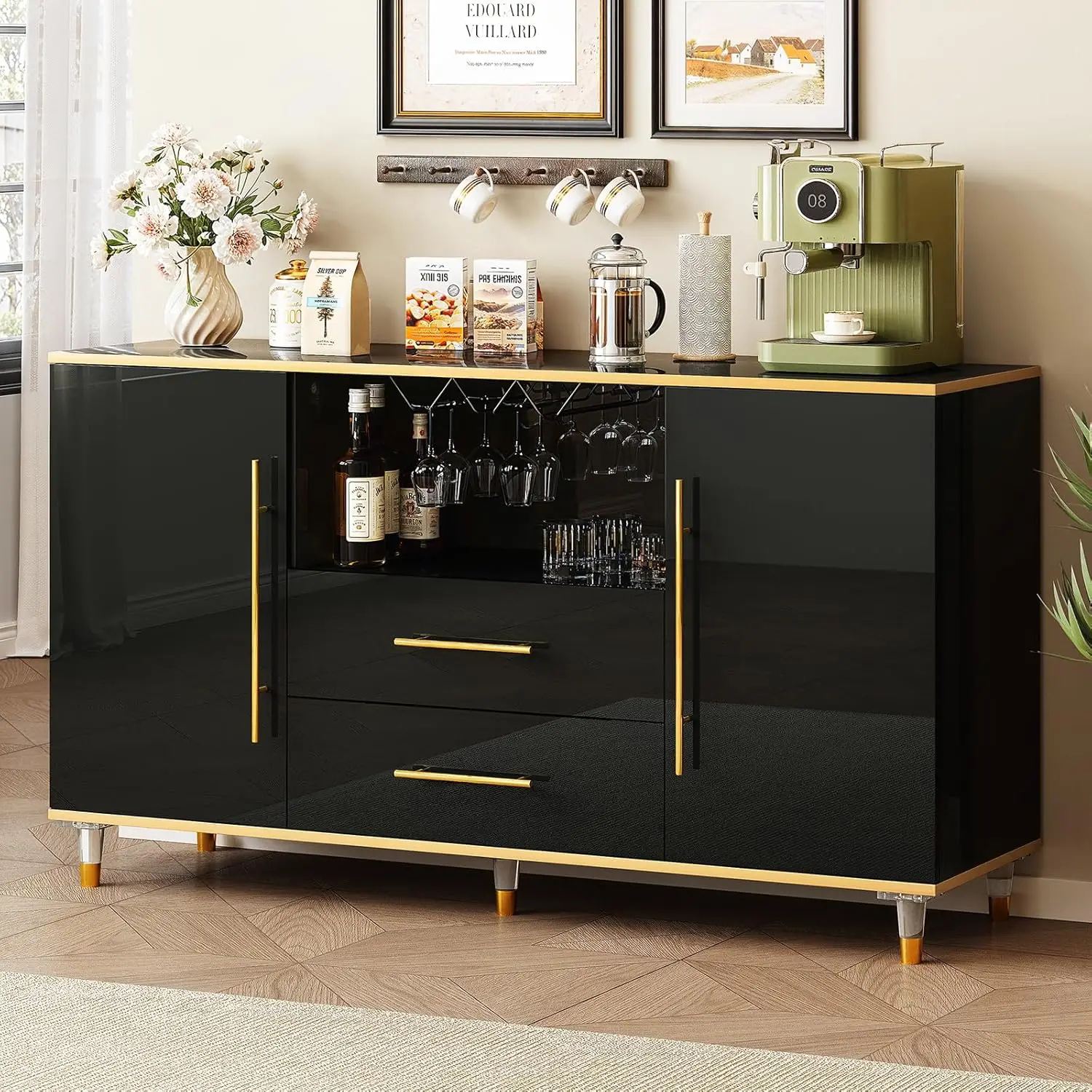 

Buffet Cabinet, 55" Kitchen Sideboard Cabinet with 2 Drawers and Wine Glass Holder, High Glossy Sideboard Storage w/Adjustable