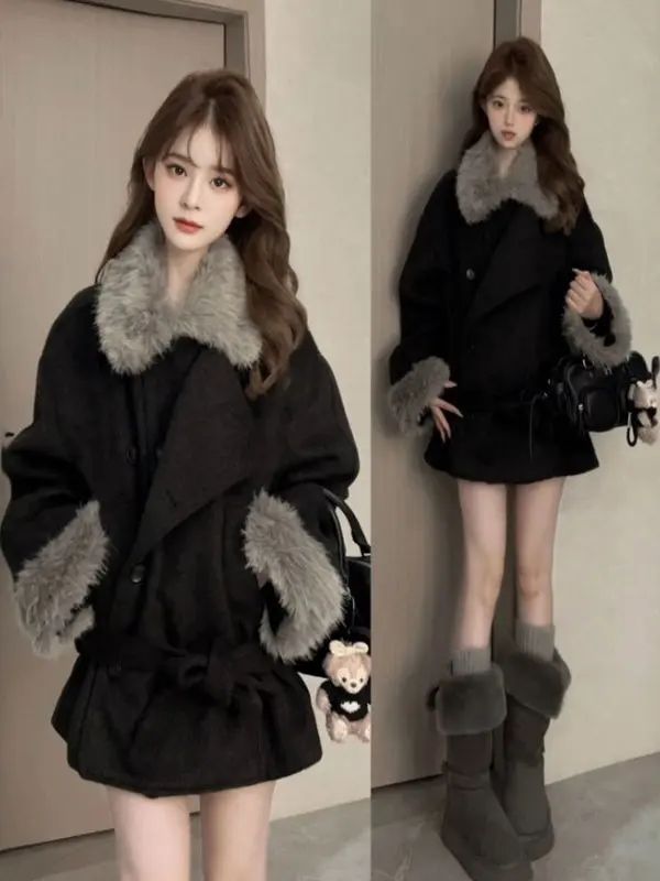 

Корейское шерстяное пальто с поясом и отложным воротником, зимняя модная верхняя одежда, женское приталенное пальто с длинными рукавами, однотонное, с защитой от пятен