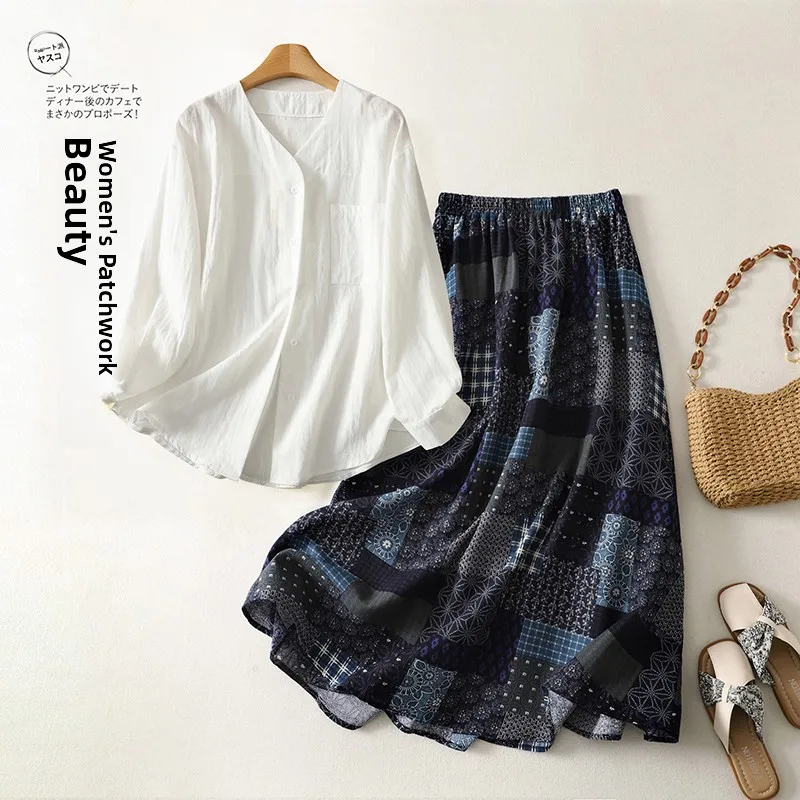 

Summer Large Size Sun Protection Shirt And Skirt Set Women's Elegant Vacation Style Print Splicing Half-length Shirt Dress