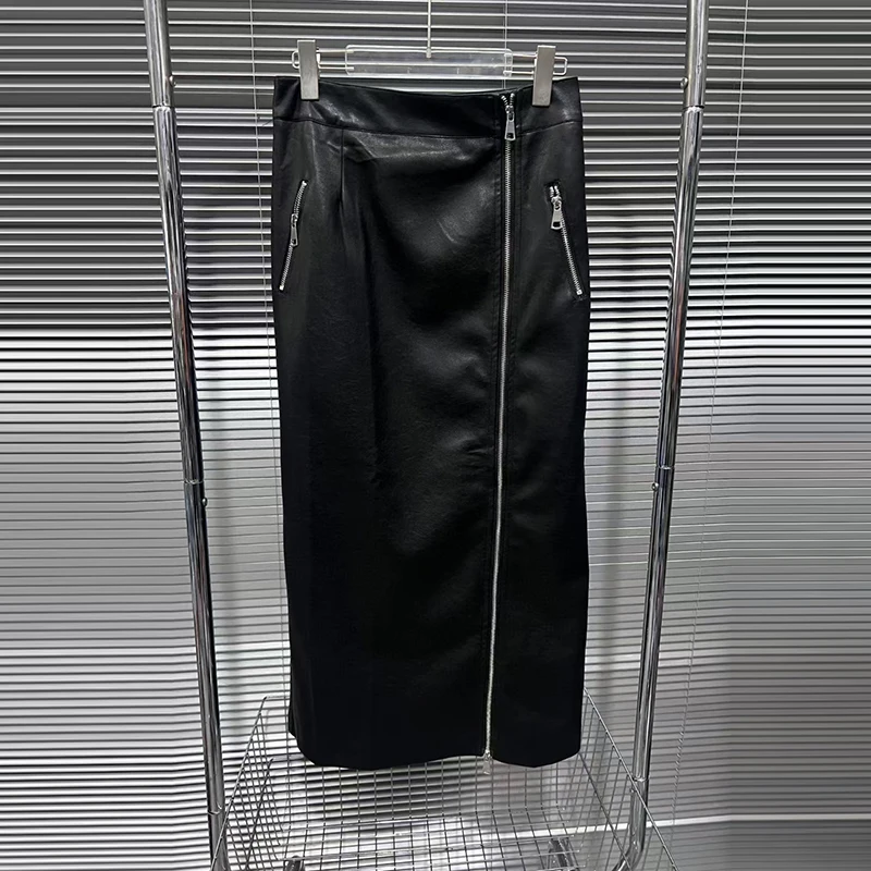 KBQ Solid Spliced Zipper Loose Skirt For Women High Waist Minimalist Casual Design Sense Skirt Female Fashion Style New Winter