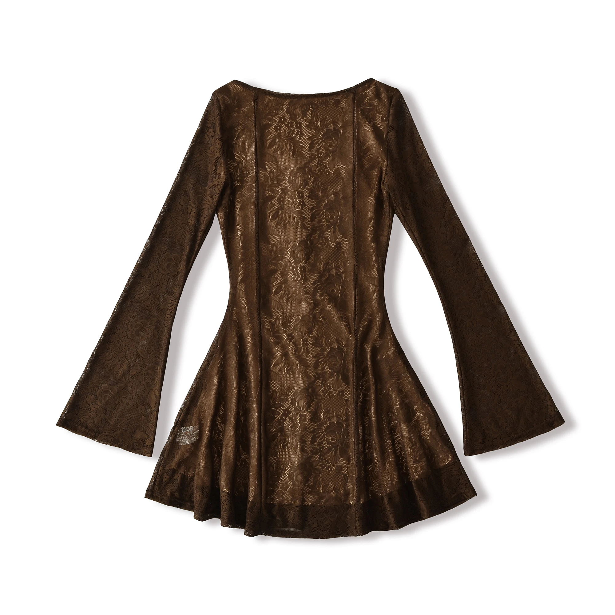 2025 Autumn Sexy Semi Sheer Lace Flare Long Sleeve Mini Dress Women Through Buttons U Collar Swing A-lined Dresses Party Robe