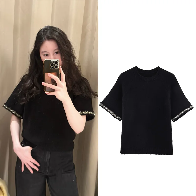 

Women's Top 2026 Spring New Black Short Sleeve Knit Pullover with Imitation Pearl Decoration Simple Style Elegant and Graceful
