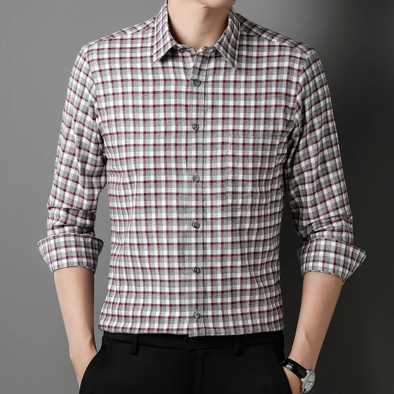 New in shirt 100%cotton sanding long-sleeve shirts for men big size plaid Smart Casual slim fit EnglandStyle soft office clothes