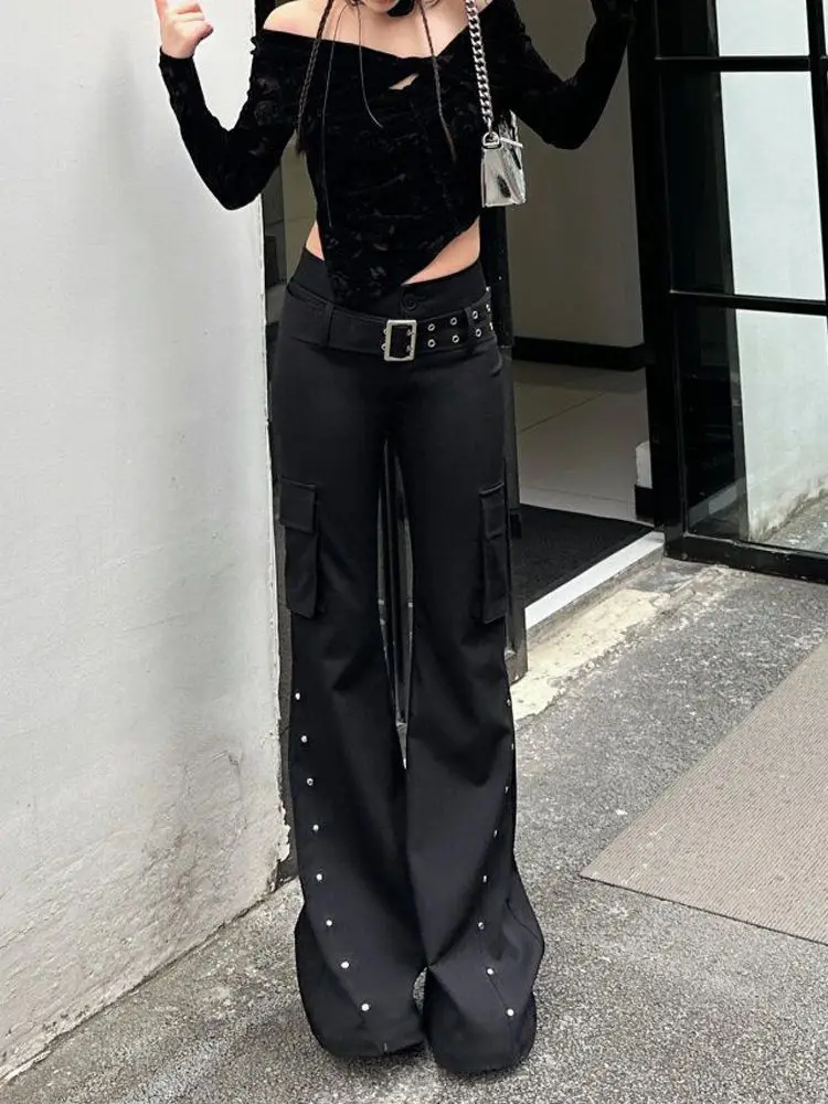 Retro Harajuku Cargo Punk Style Black Rivet Pants with Belt Women Y2k Streetwear Aesthetic Grunge Goth Low Waist Flared Trousers