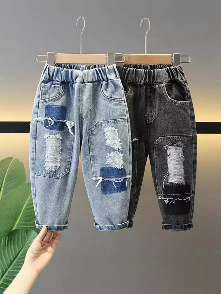 

Casual Boy Jeans for Kids Streetwear Baggy Jeans Patchwork Ripped Dime Pants Girls Jeans 2-10Yr Spring Autumn Children Trousers