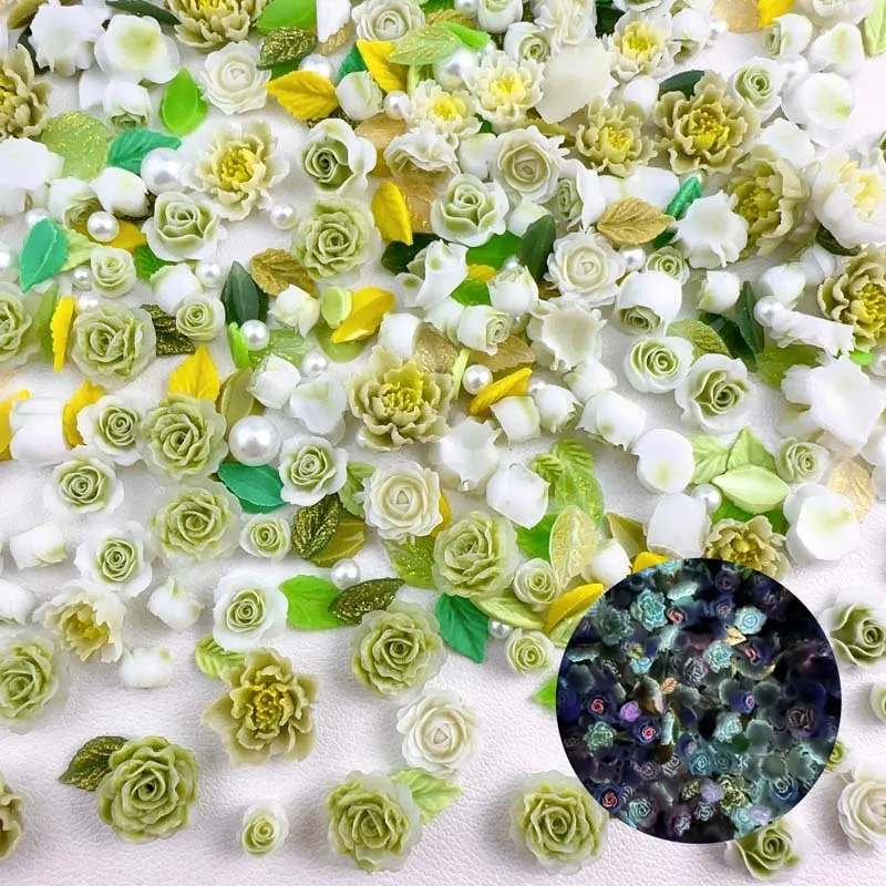 50pcs Random Mixed Resin Nail Charms Leaf Pearl Camellia Rose Flower Nail Art Decorations Accessories Manicure DIY Crafts