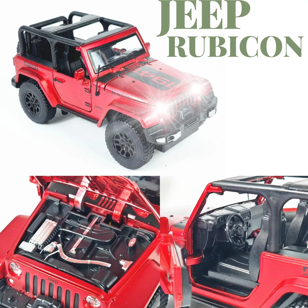 Jeep Wrangler Rubicon Pullback Jouet de voiture avec lumières, son du moteur, échelle 1:32, moulé sous pression, modèle de voiture de cimetière, cadeau de jeu pour enfant garçon