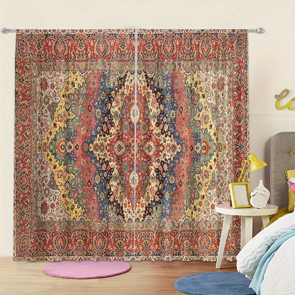 

2PC Bohemian Floral Bird Print Curtains - Fade-Resistant Digital Printed Sheer Polyester Drapes with Rod Pocket for Home Decor