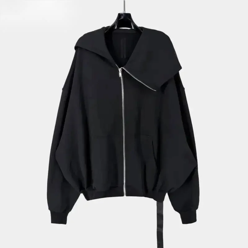 Jaqueta de Moletom Masculina de Alta Qualidade Preta com Design de Chapéu de Mago, Zíper Irregular e Capuz, Blusão Casual Solto TJSA