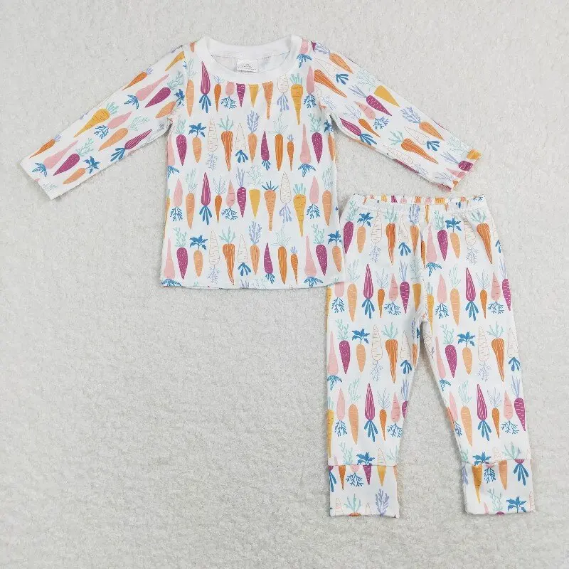 

New rts baby boys Easter pajamas set wholesale boutique carrot white long sleeves long pants boys suit