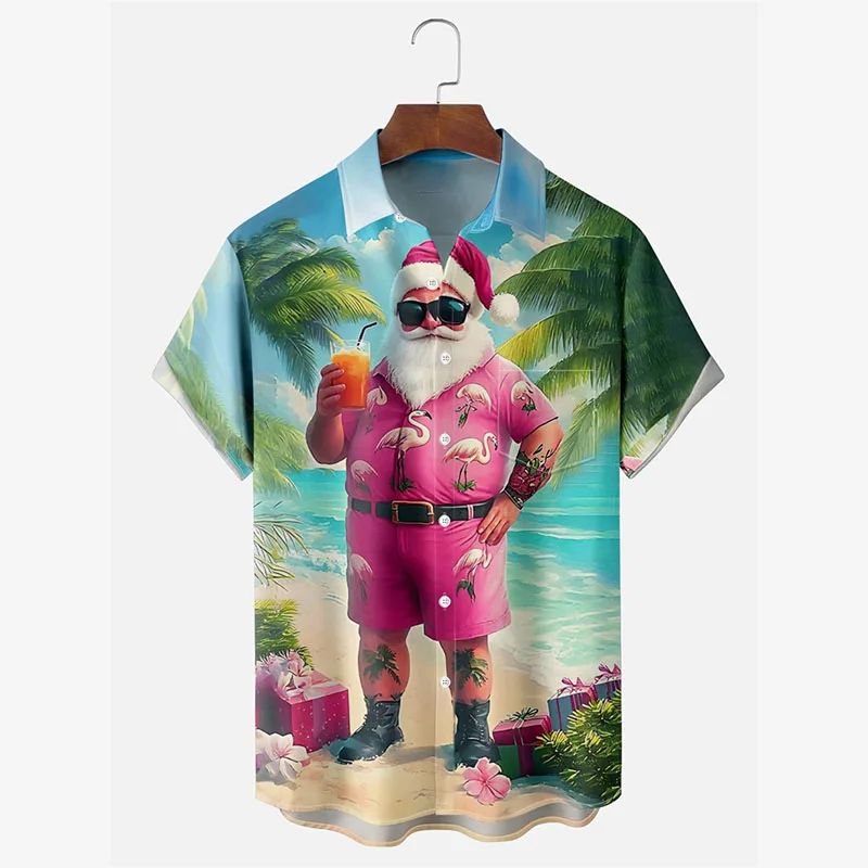 Summer Beach Funny Santa Claus Street Shirts For Men Merry Christmas Short Sleeve Hawaiian Shirt Flamingo Pattern Fashion Shirt