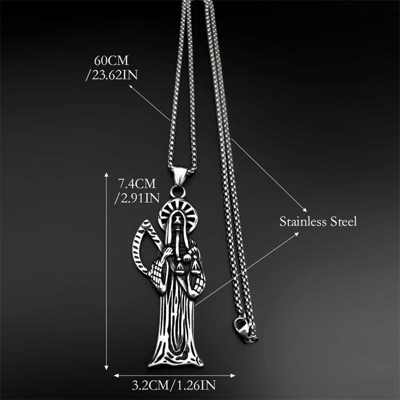 Edelstahl Heiliger Heiliger Tod Santa Muerte Sensenmann Anhänger Halskette Frauen Männer Silber Farbe Vintage Sichel Schädel Schmuck – Detail 3