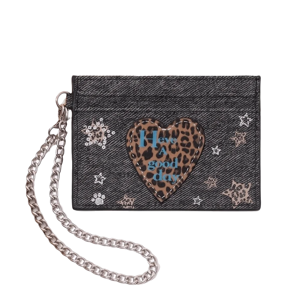 New Leopard Heart Card Holder with Chain Strap Multifunctional Card Bags Star Print Card Case for Women Girls