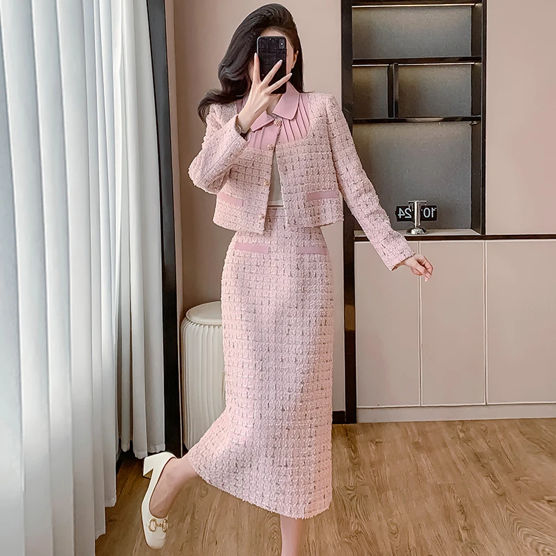 New Autumn Winter Women Sweet Pink Tweed Skirt Suits Fashion Patchwork Short Jacket And High Waist Long Skirt Two Piece Set