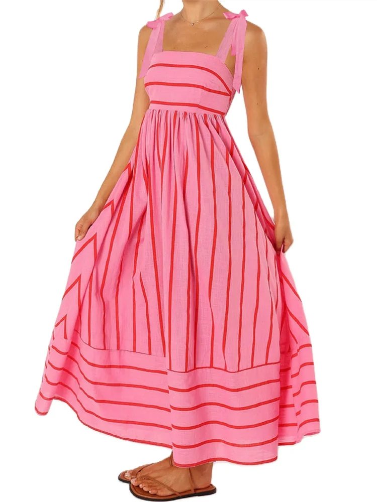 

CHRONSTYLE Women Striped Print Long Maxi Dress Tie-up Spaghetti Strap Backless Dress with Pockets Summer Vestido Streetwear 2024