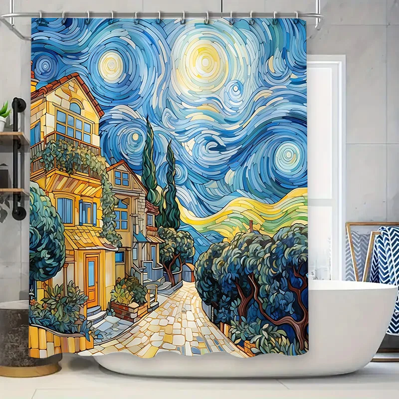 

Занавеска для душа в стиле «Звездная ночь в деревенском стиле Ван Гога», превращающая свою ванную комнату в художественный хоу, водонепроницаемый, прочный