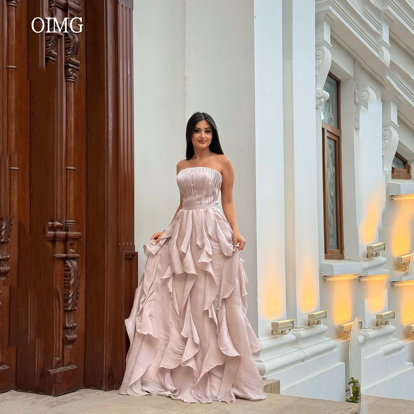 

OIMG Elegant Strapless Ruffled A Line Prom Gowns Backless Pleated Party Gown Floor Length Evening Dress Customized