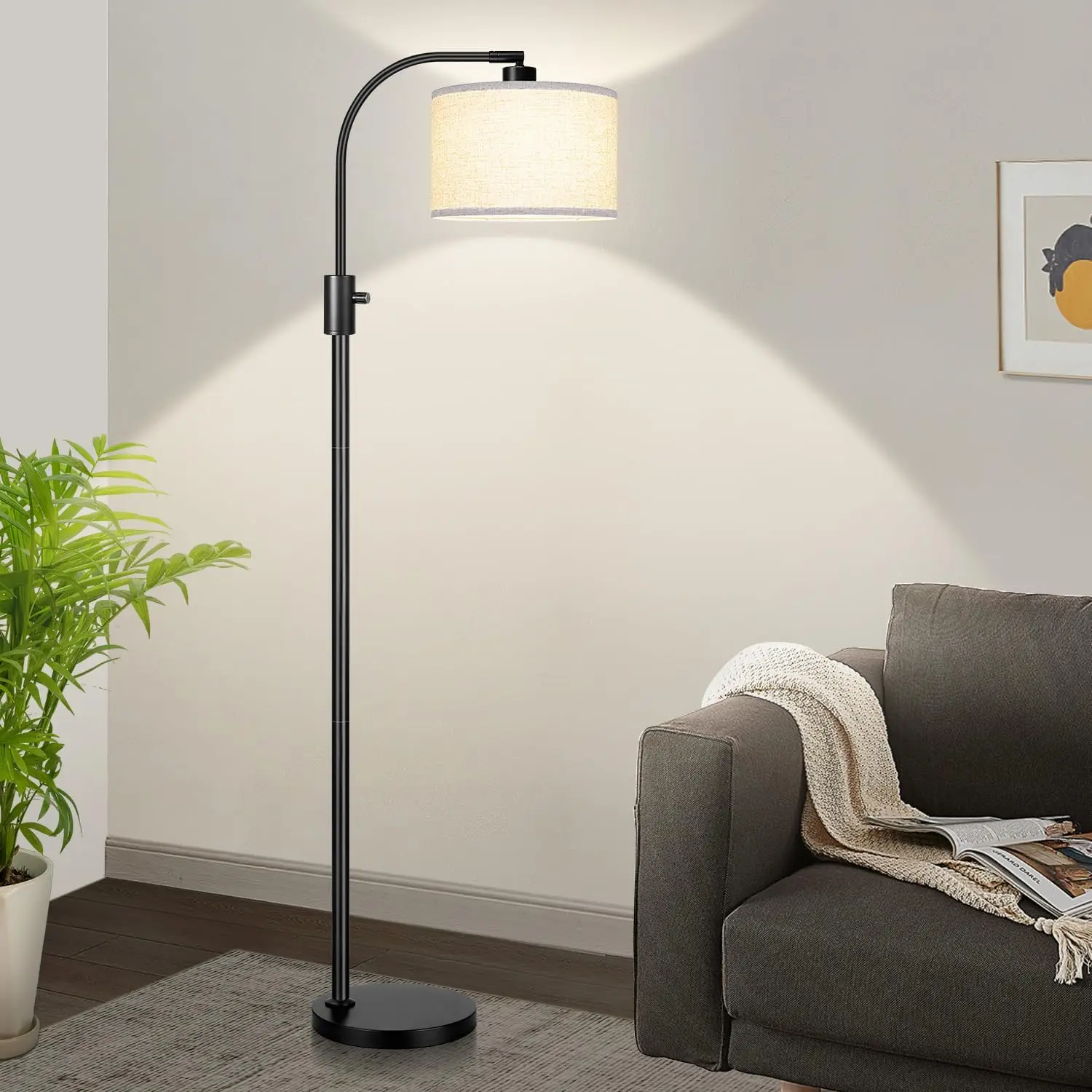 Upgraded MatteBlack ModernArc Dimmable Tall Standing Floor Lamp, Linen Lampshade, 1200Lumen LED Bulb Included, For LivingRoom, ReadingRoom, Bedroom, Office & Nursery