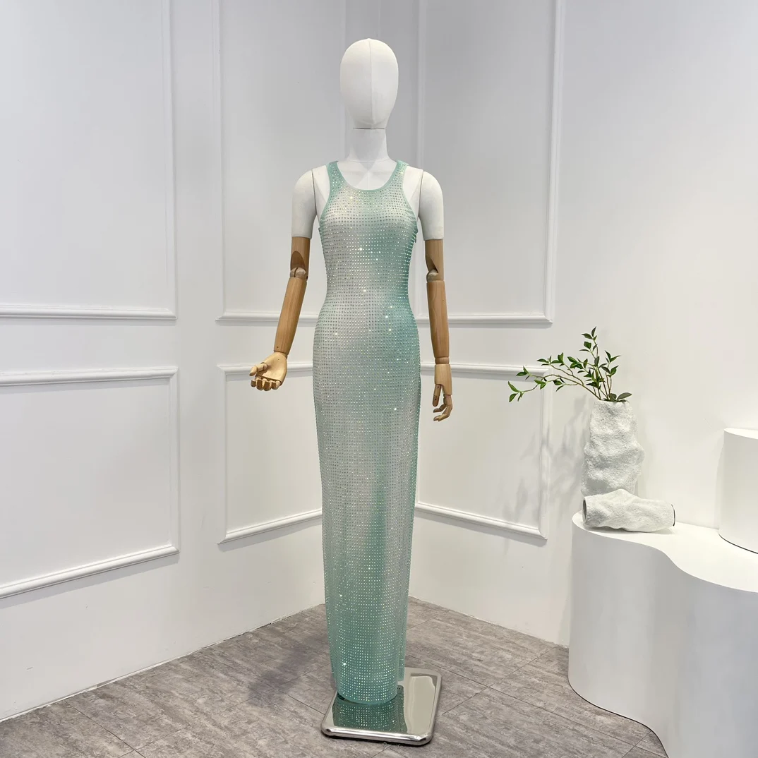 

High Quality 2023 Light Green Shining Crystal-studded Mesh Bodycon Sleeveless Diamonds Sleek Racer-back Neckline Long Dress