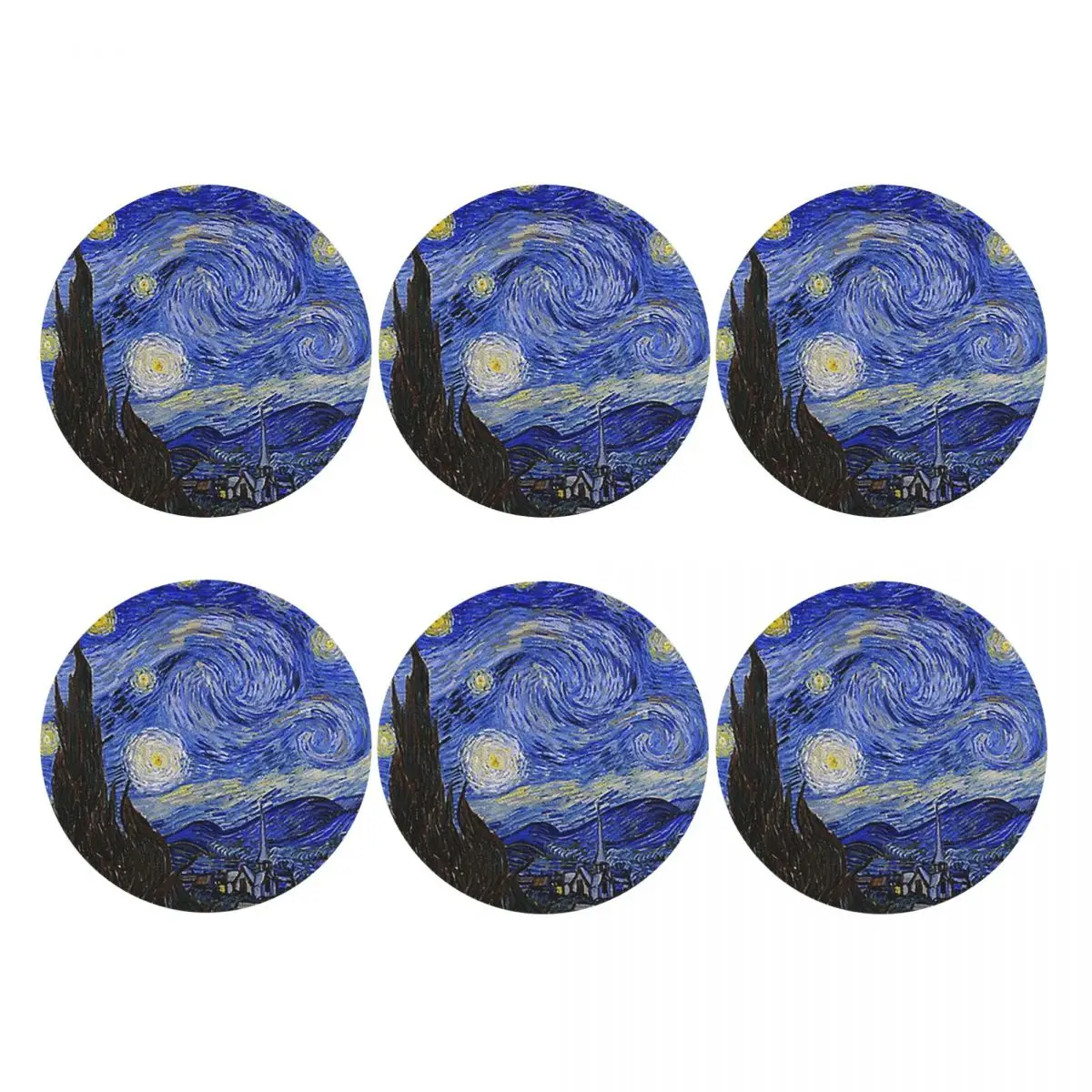 Die Sternennacht von Vincent Van Gogh Untersetzer aus PVC-Leder, wasserdichte Kaffeematten für die Dekoration von Zuhause, Esszimmerunterlagen, 6er-Set